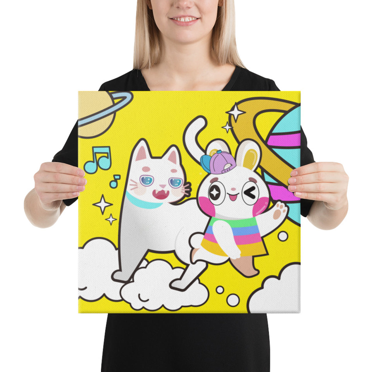 Yellow Rainbow Rabbit and Cat | Canvas Paint 無框帆布數碼油畫