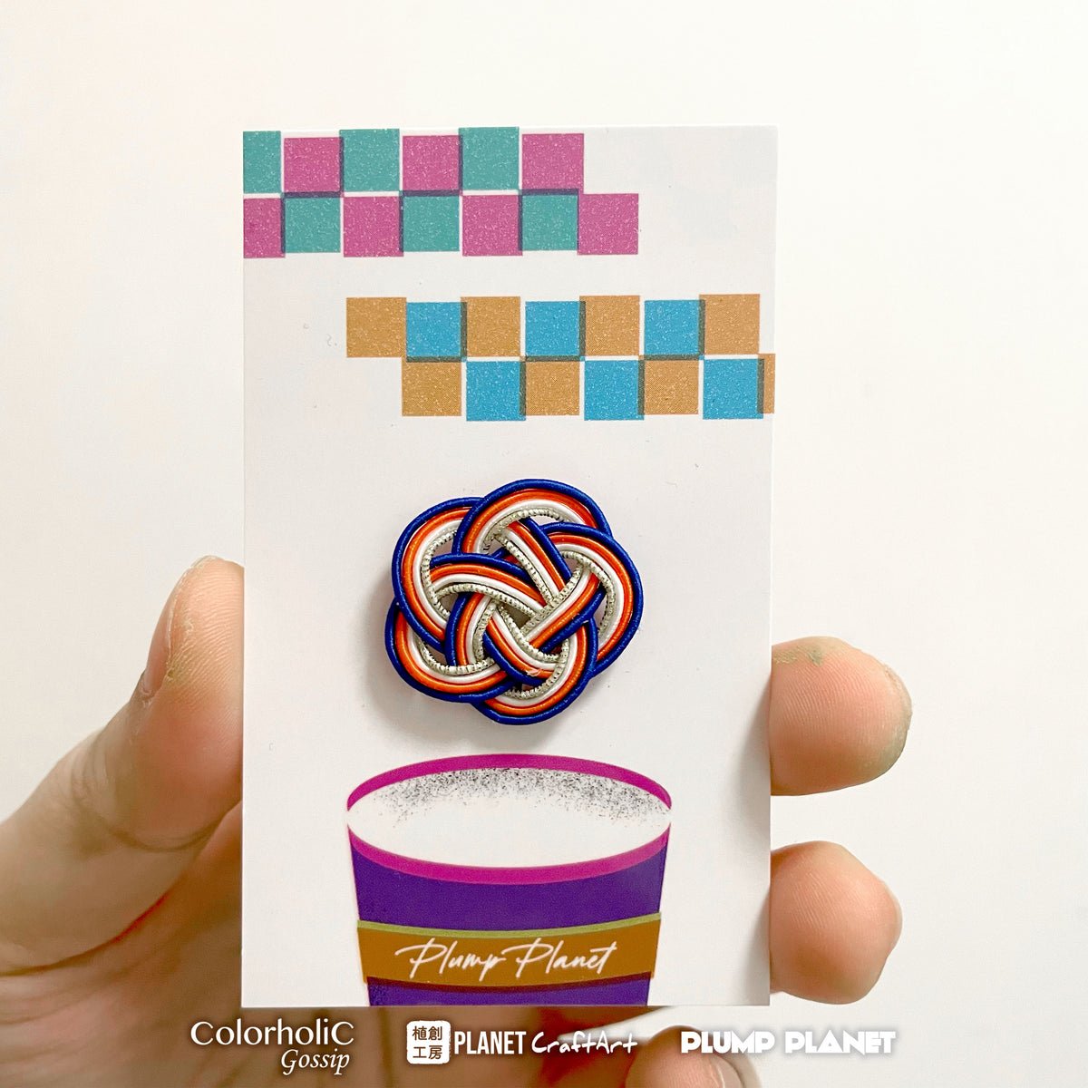 橙藍線花朵水引結別針 Mizuhiki Accessory Pin Badge