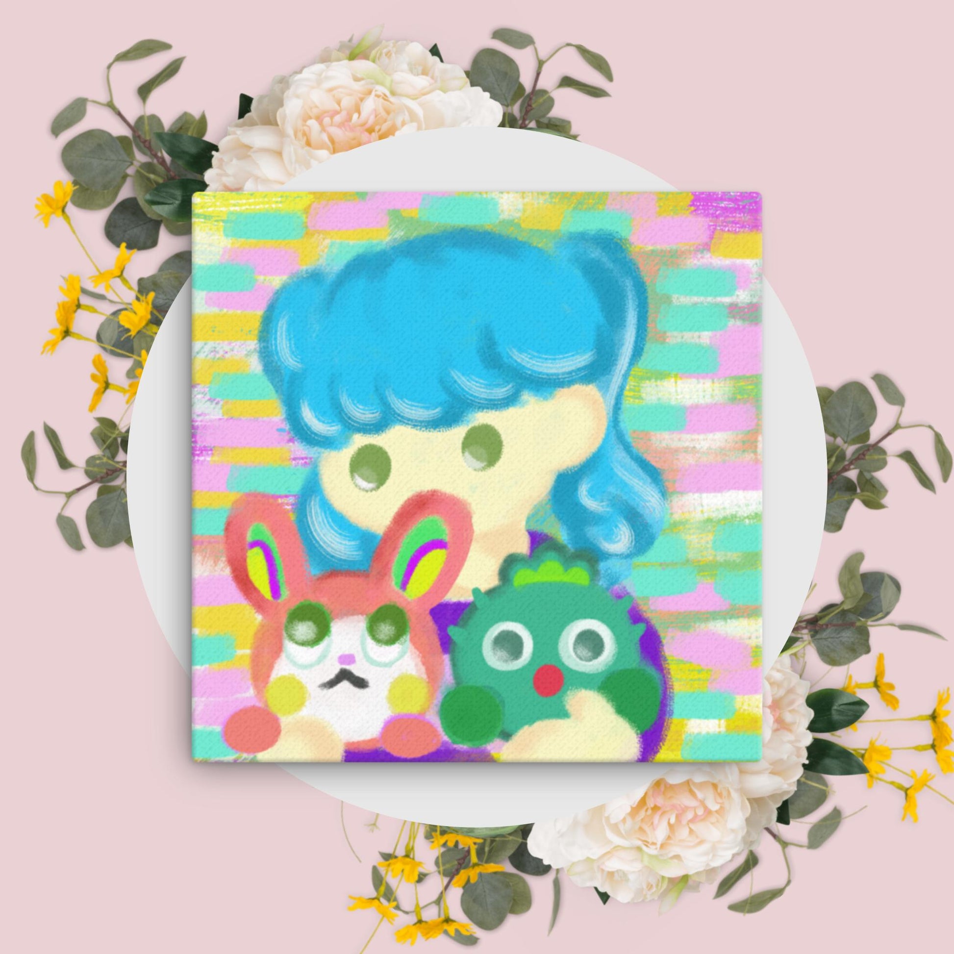 Girl playing Rabbit and Cactus Friends  | Canvas Paint 無框帆布數碼油畫