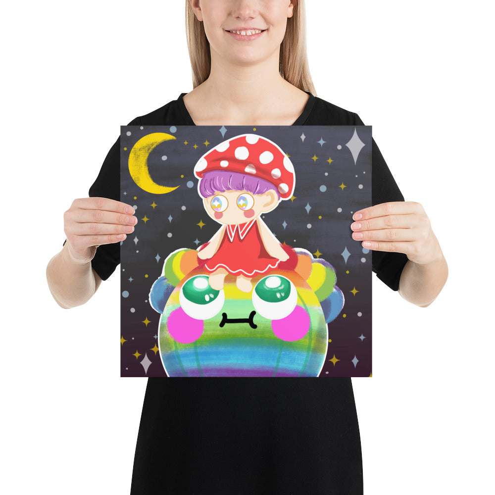 Mushroom Girl Sit on the Rainbow Planet | PRINT