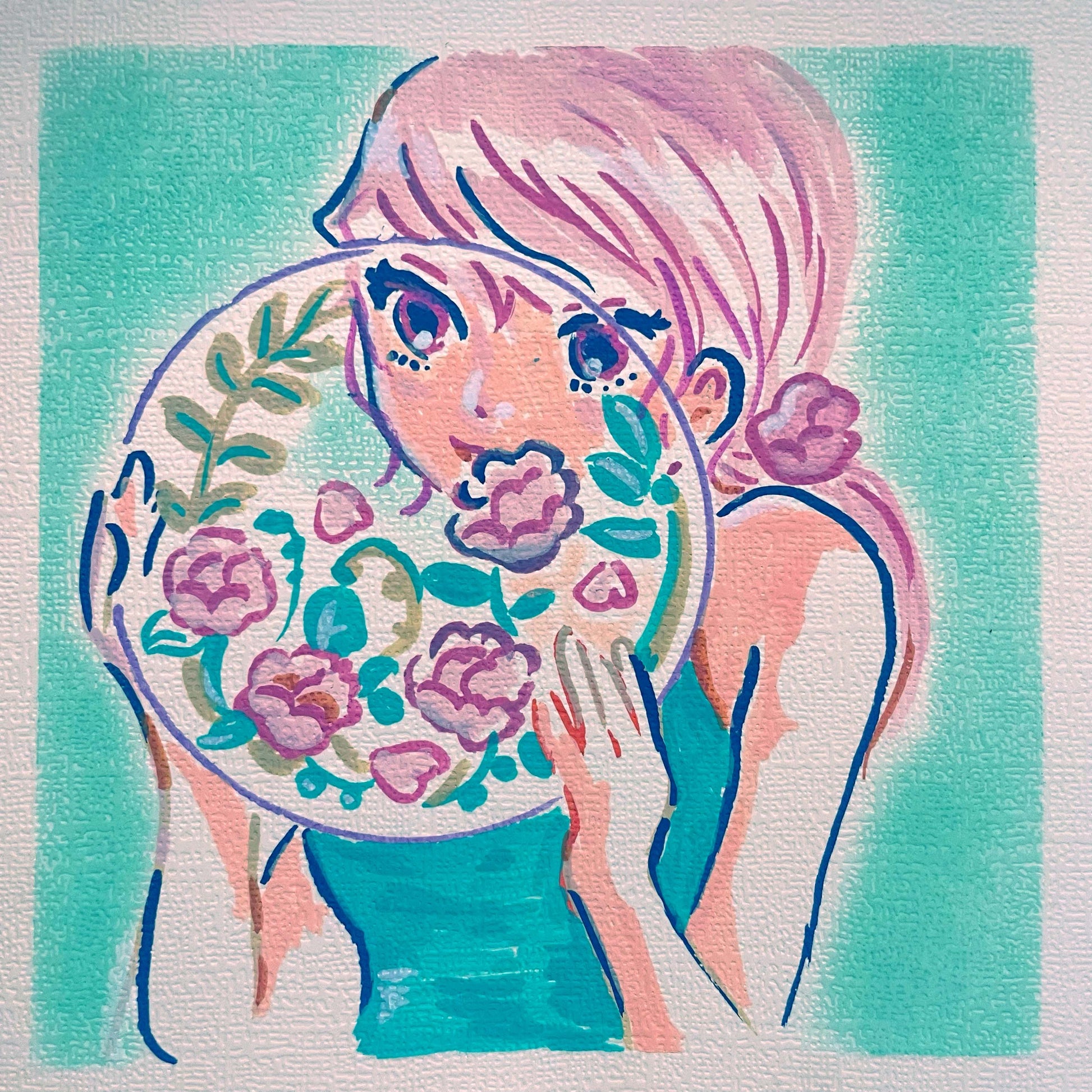 Original Drawing Art | 《Girl with Glass Flower Terrarium》 | 15cm x 15cm