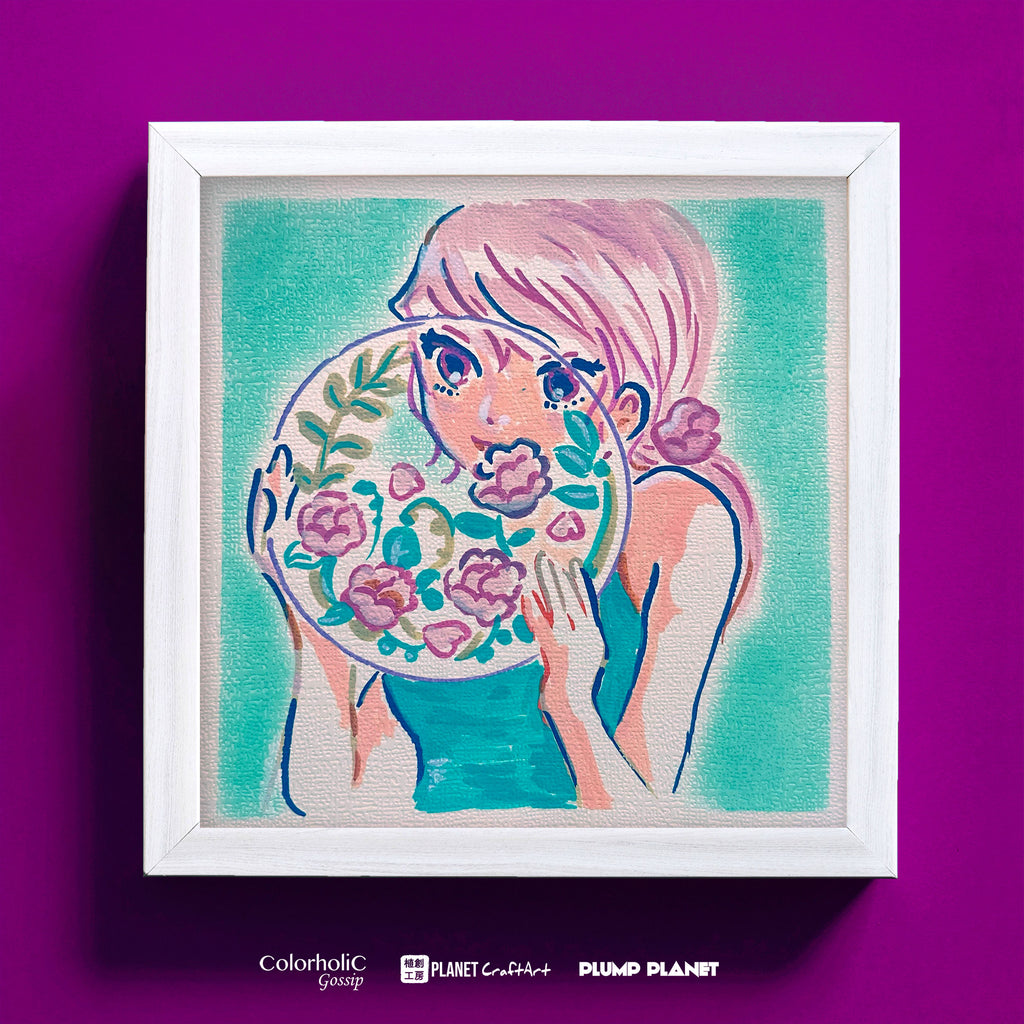 Original Drawing Art | 《Girl with Glass Flower Terrarium》 | 15cm x 15cm