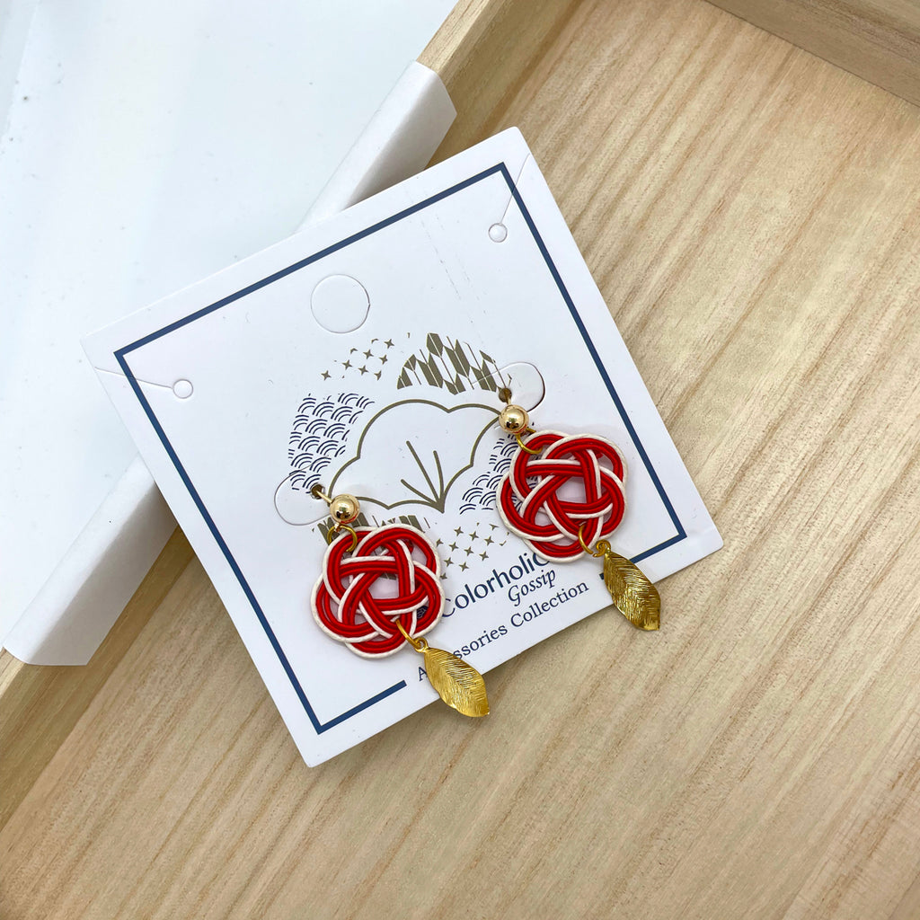 簡約日式紅水引金屬葉耳環(可換配耳釘/耳扣)