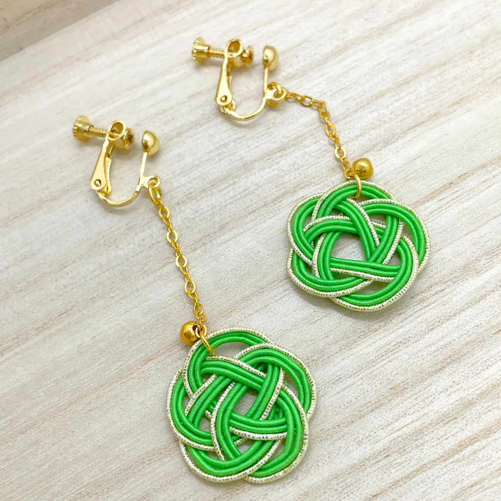 Simple Japanese-style green and white Mizuhiki long chain earrings (can be replaced with earrings / earrings)