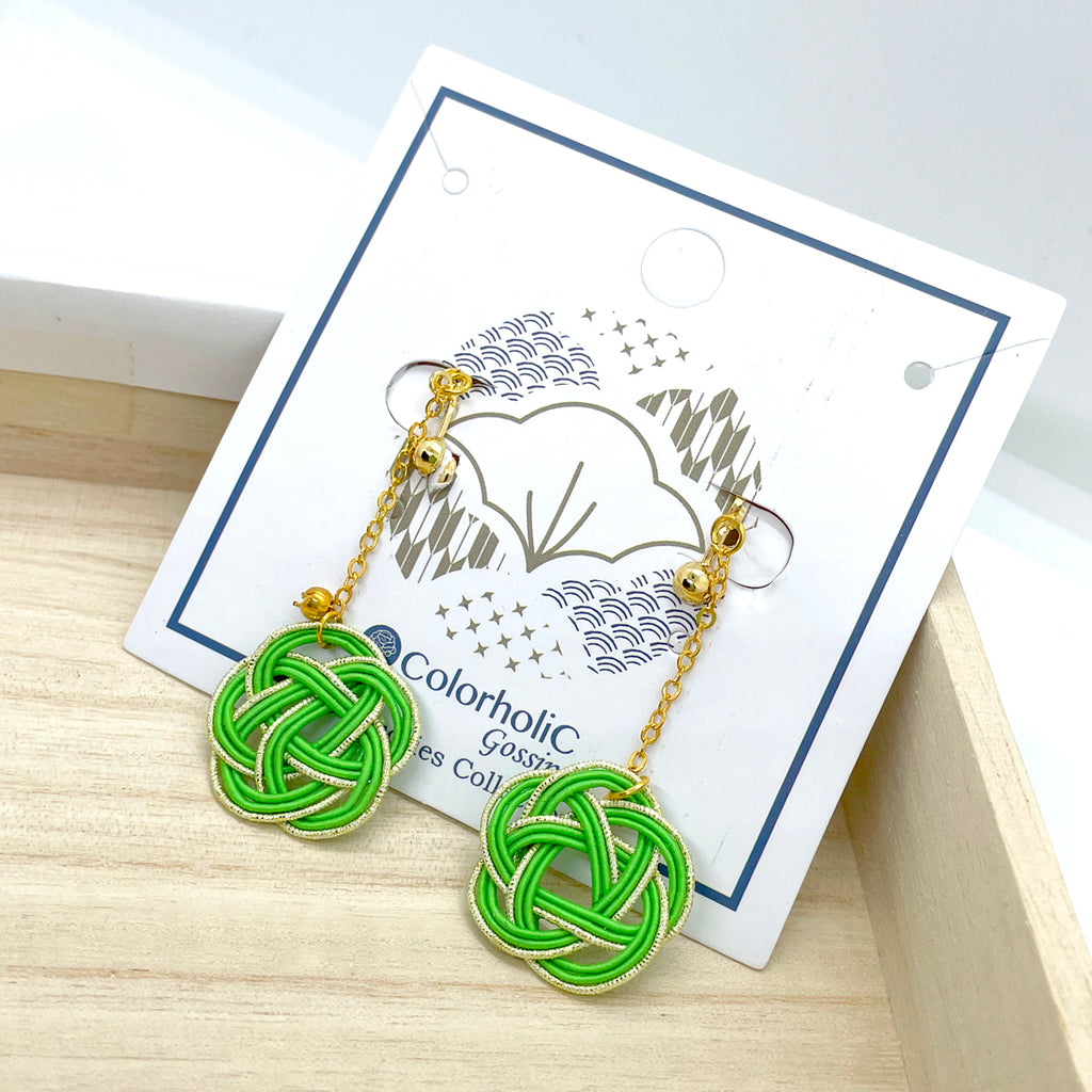Simple Japanese-style green and white Mizuhiki long chain earrings (can be replaced with earrings / earrings)
