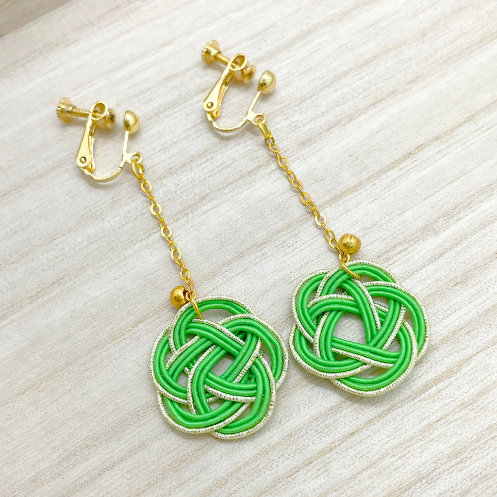 Simple Japanese-style green and white Mizuhiki long chain earrings (can be replaced with earrings / earrings)