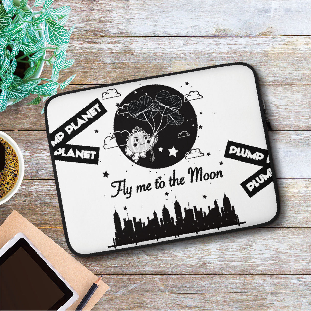 Fly Me to The Moon B/W - Laptop Sleeve | Laptop Sleeve for 13" or 15" Laptop, Macbook or Macbook Pro | Plump Planet