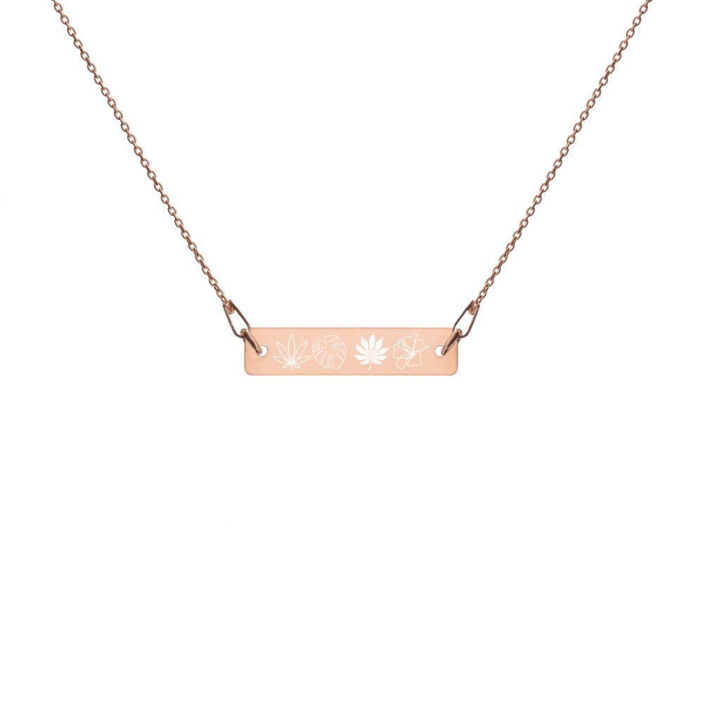 【Free Shipping】Four Plants Engraved Silver Bar Chain Necklace 雕刻銀條鏈項鍊