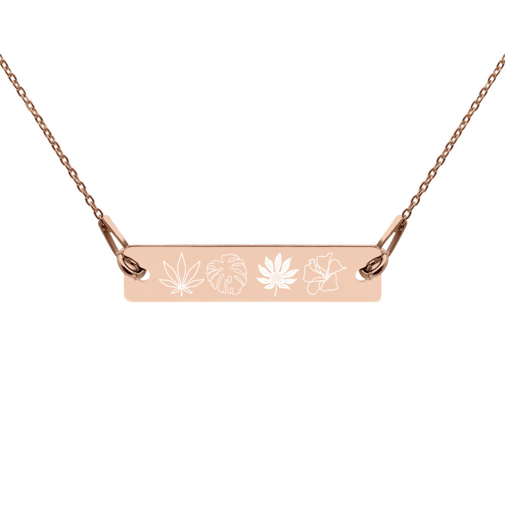 【Free Shipping】Four Plants Engraved Silver Bar Chain Necklace 雕刻銀條鏈項鍊