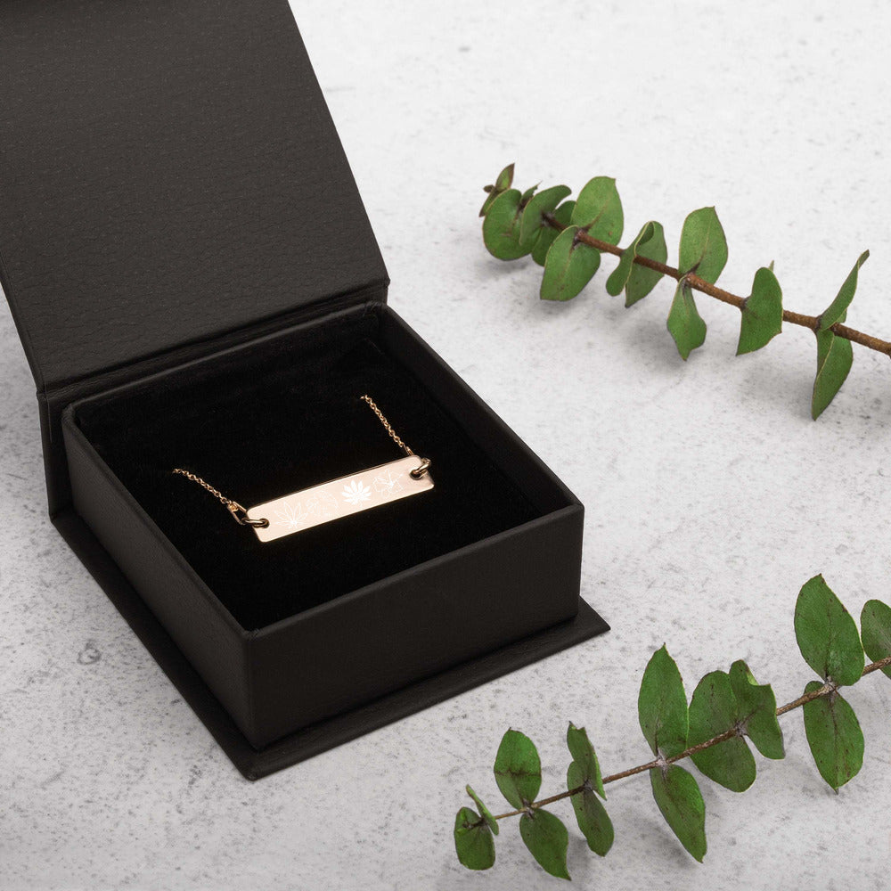 【Free Shipping】Four Plants Engraved Silver Bar Chain Necklace 雕刻銀條鏈項鍊