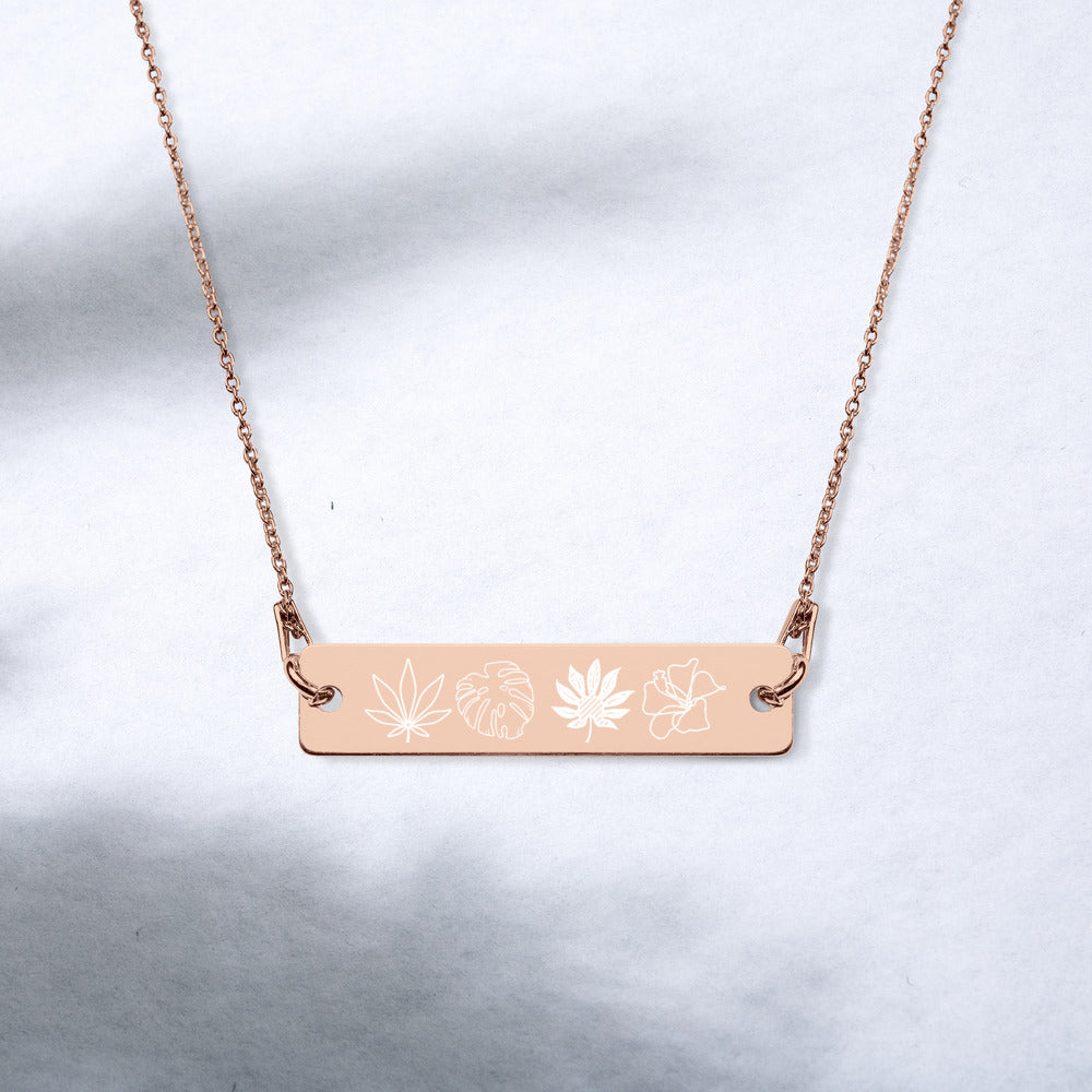 【Free Shipping】Four Plants Engraved Silver Bar Chain Necklace 雕刻銀條鏈項鍊