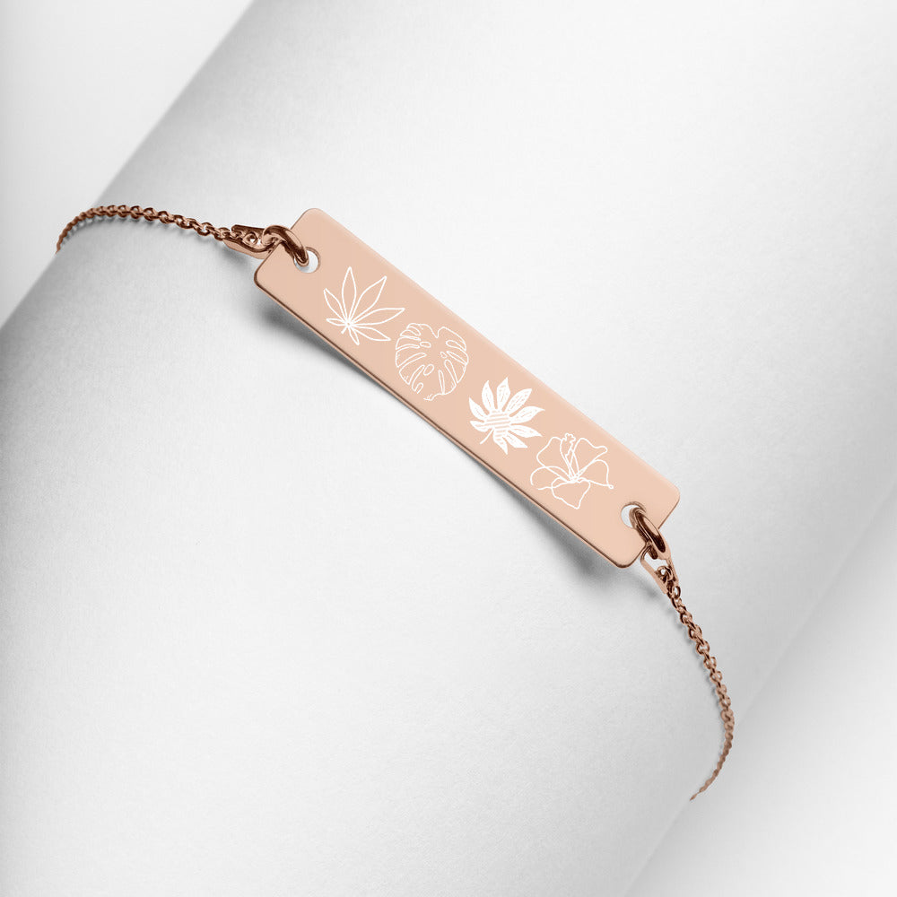【Free Shipping】Four Plants Engraved Silver Bar Chain Necklace 雕刻銀條鏈項鍊