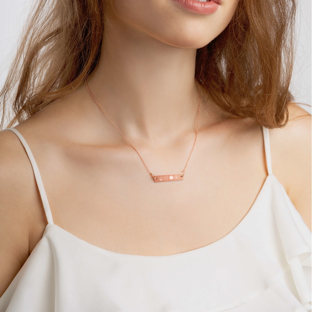 【Free Shipping】Four Plants Engraved Silver Bar Chain Necklace 雕刻銀條鏈項鍊
