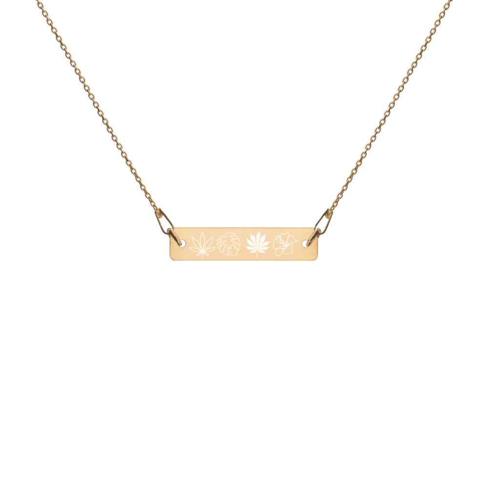 【Free Shipping】Four Plants Engraved Silver Bar Chain Necklace 雕刻銀條鏈項鍊