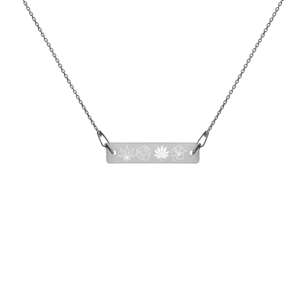 【Free Shipping】Four Plants Engraved Silver Bar Chain Necklace 雕刻銀條鏈項鍊
