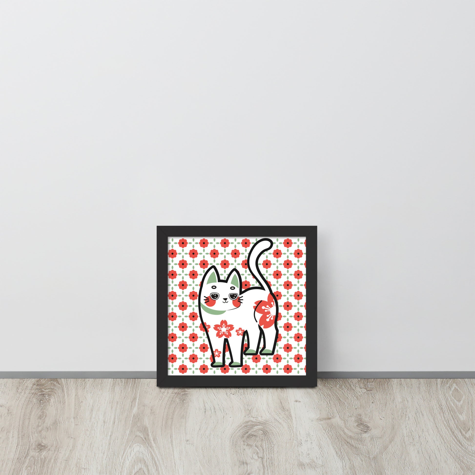 Red Green Cat with Flower Pattern | 可再生木製框架啞光海報 Framed Matte Poster