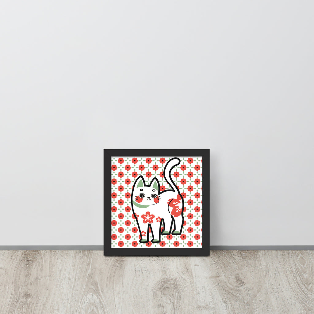 Red Green Cat with Flower Pattern | 可再生木製框架啞光海報 Framed Matte Poster