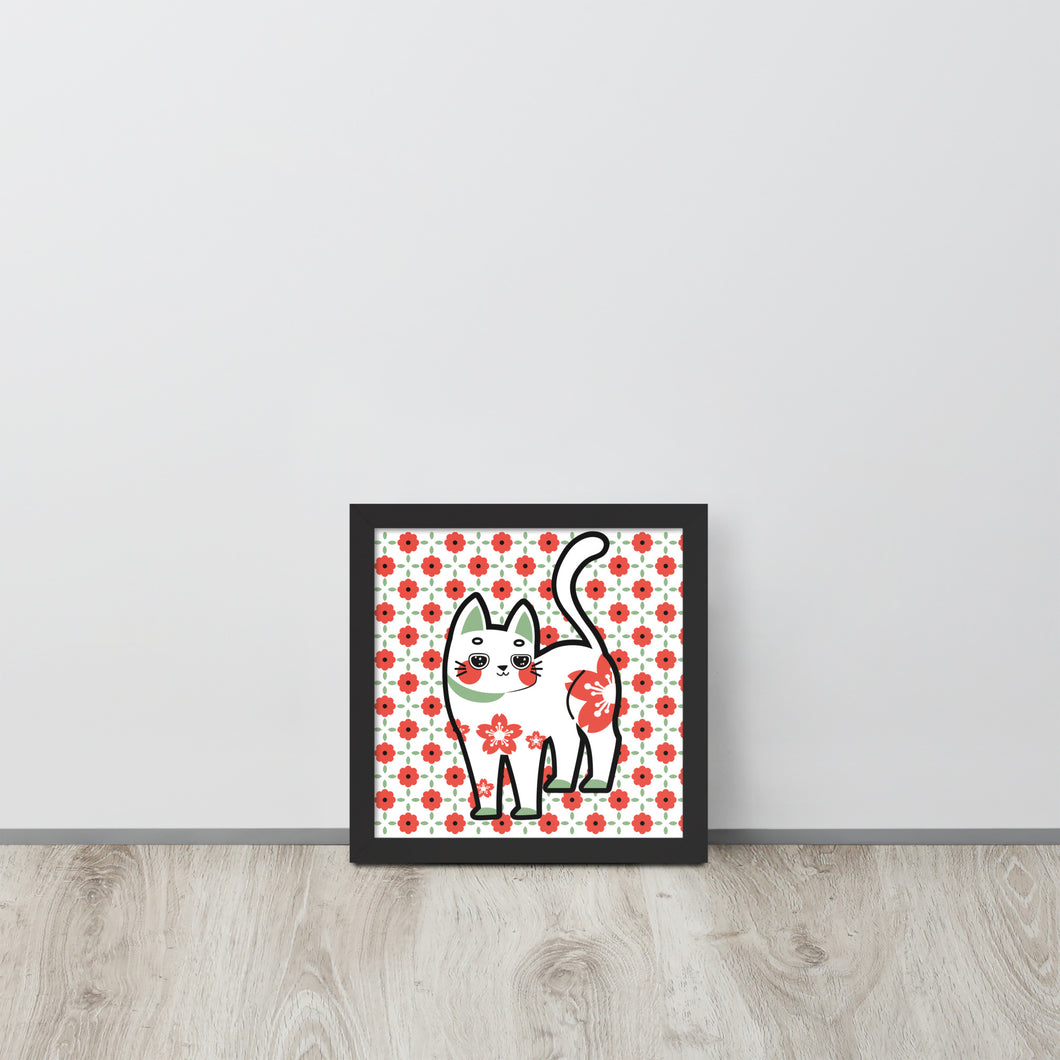 Red Green Cat with Flower Pattern | 可再生木製框架啞光海報 Framed Matte Poster