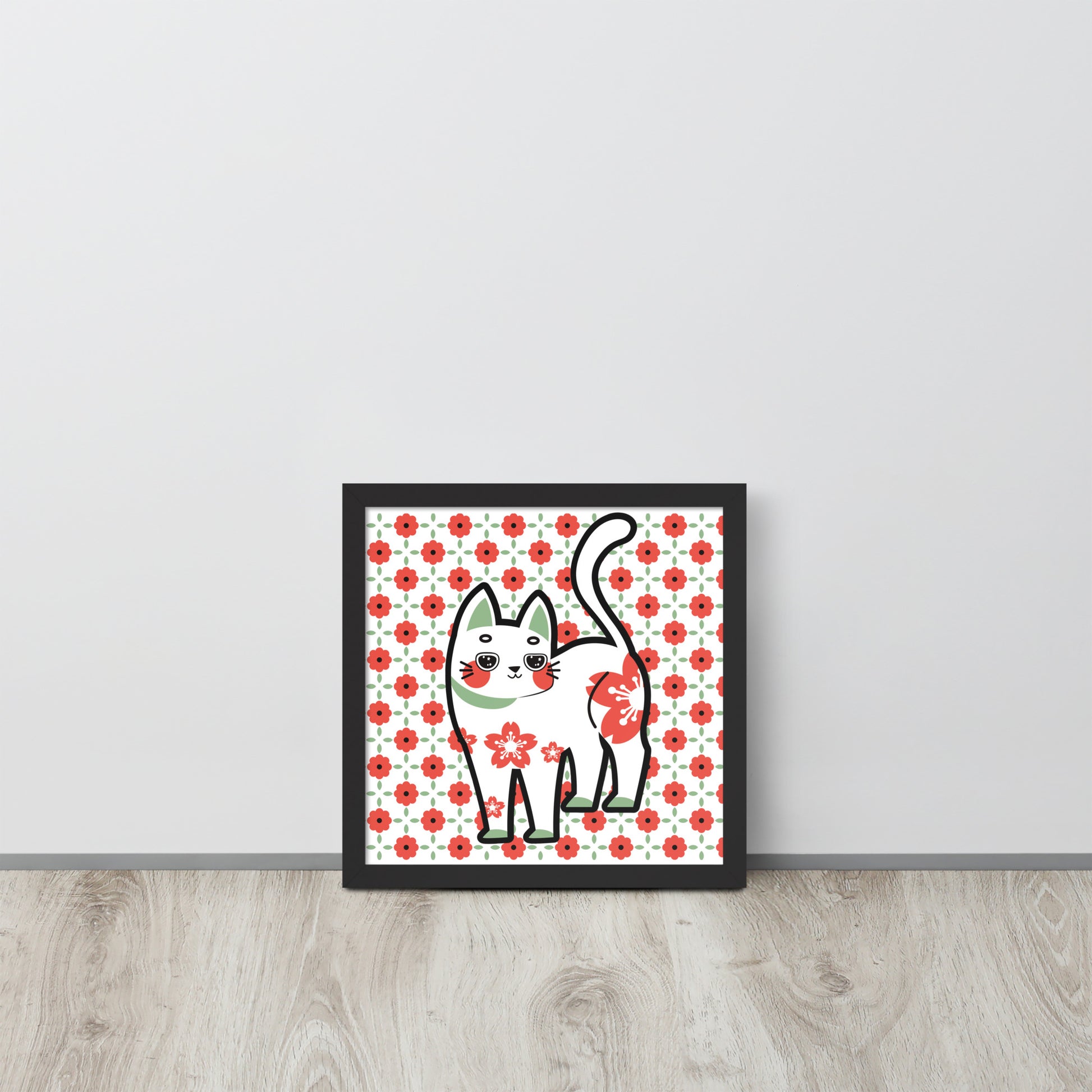 Red Green Cat with Flower Pattern | 可再生木製框架啞光海報 Framed Matte Poster