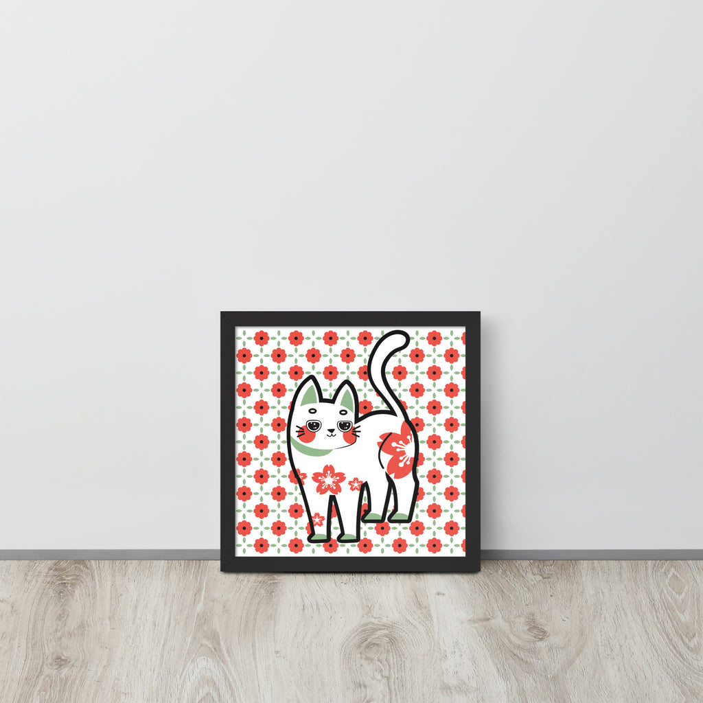 Red Green Cat with Flower Pattern | 可再生木製框架啞光海報 Framed Matte Poster