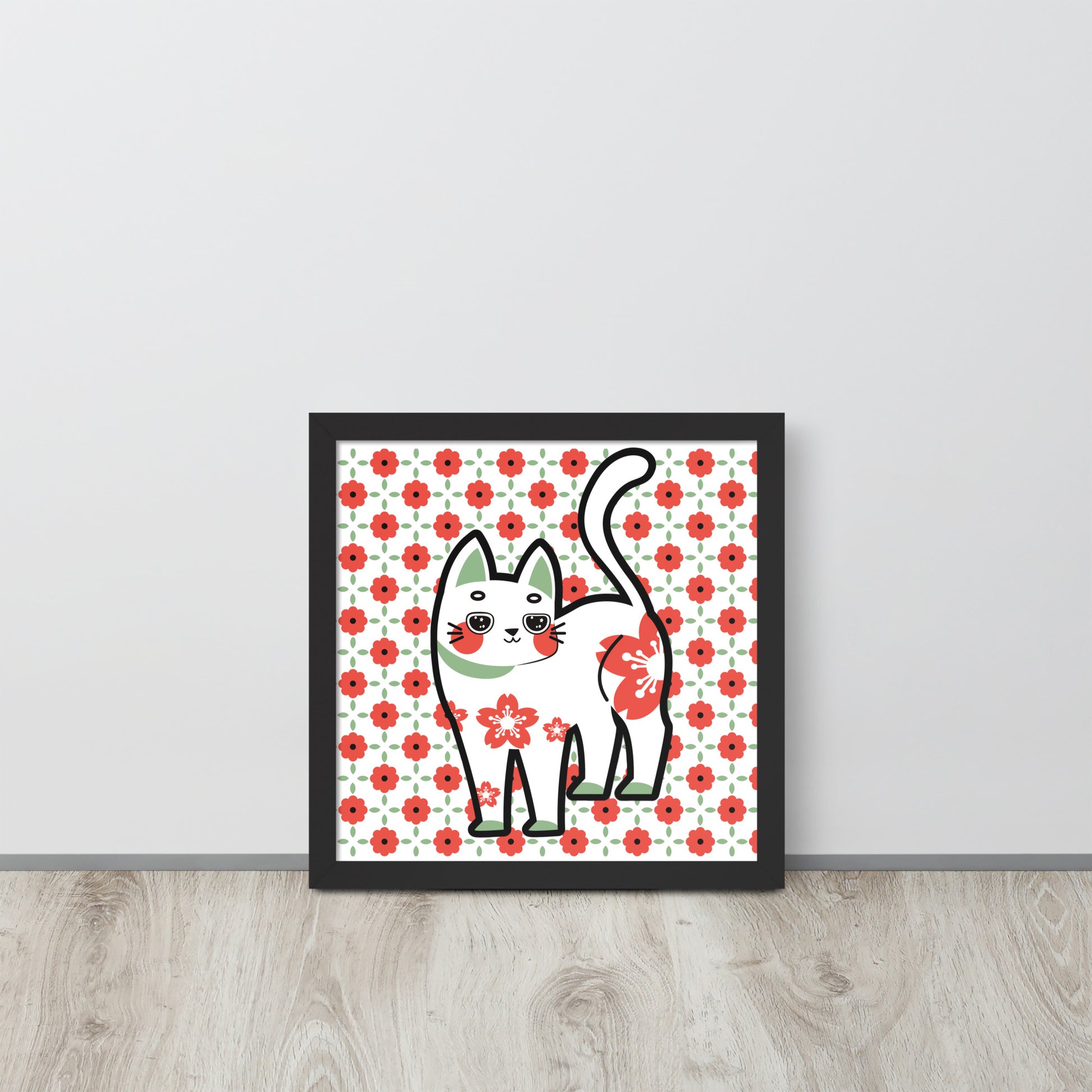 Red Green Cat with Flower Pattern | 可再生木製框架啞光海報 Framed Matte Poster