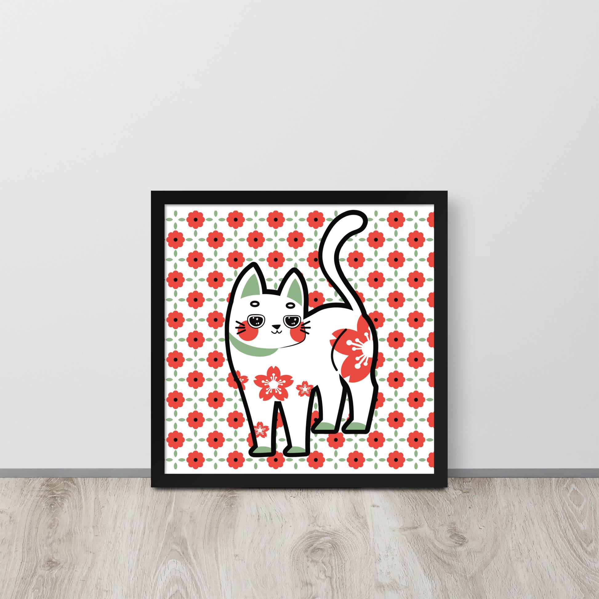 Red Green Cat with Flower Pattern | 可再生木製框架啞光海報 Framed Matte Poster
