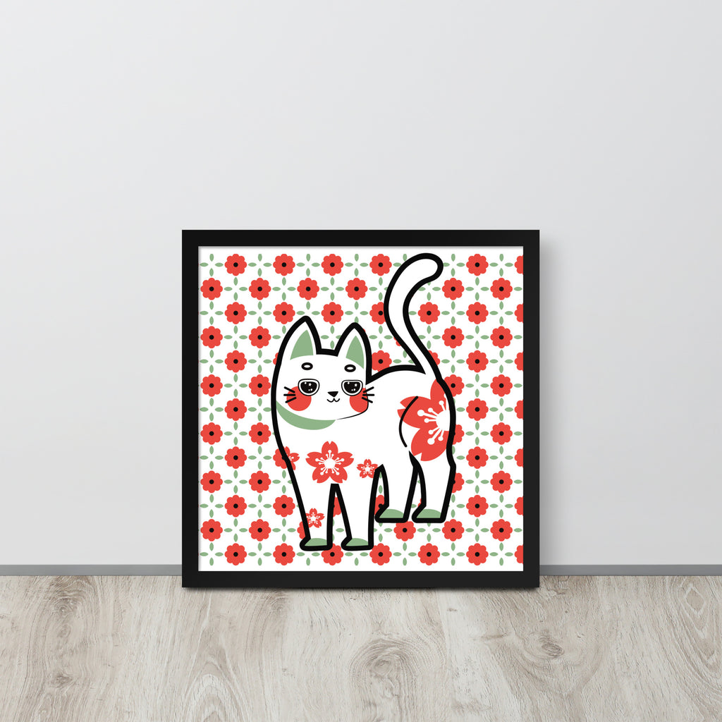 Red Green Cat with Flower Pattern | 可再生木製框架啞光海報 Framed Matte Poster