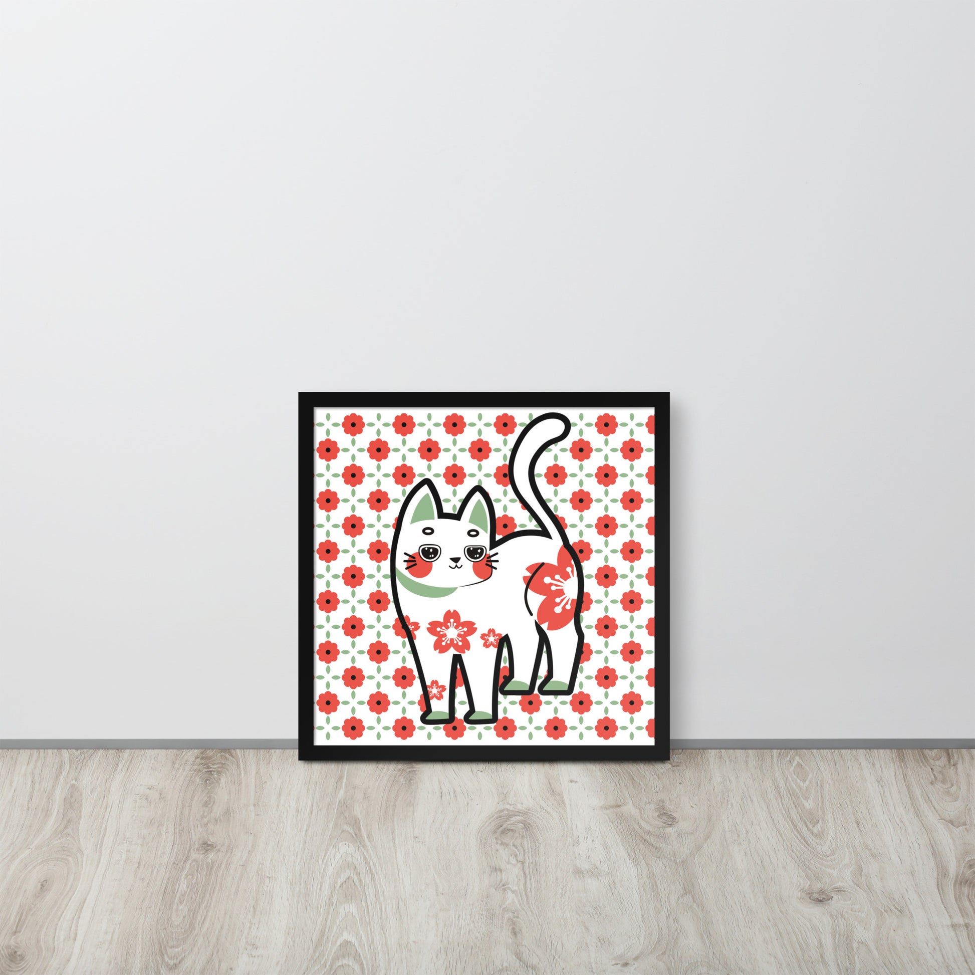 Red Green Cat with Flower Pattern | 可再生木製框架啞光海報 Framed Matte Poster