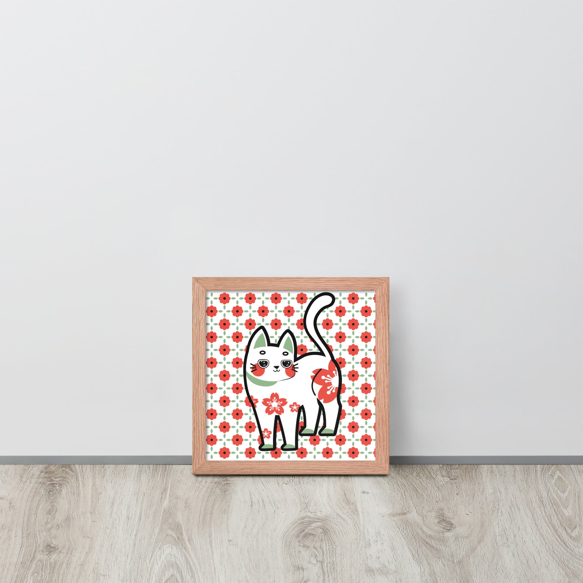Red Green Cat with Flower Pattern | 可再生木製框架啞光海報 Framed Matte Poster