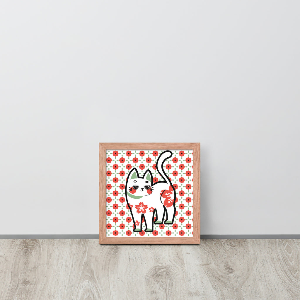 Red Green Cat with Flower Pattern | 可再生木製框架啞光海報 Framed Matte Poster