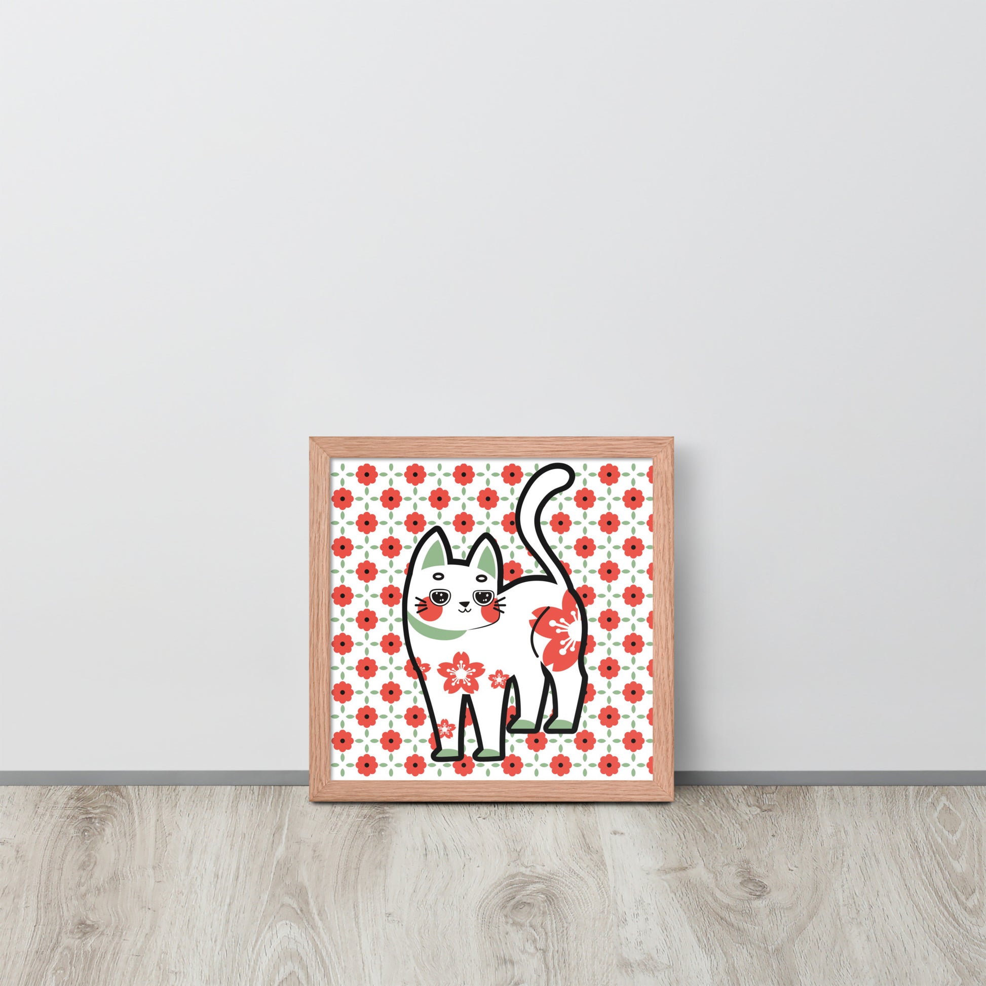 Red Green Cat with Flower Pattern | 可再生木製框架啞光海報 Framed Matte Poster