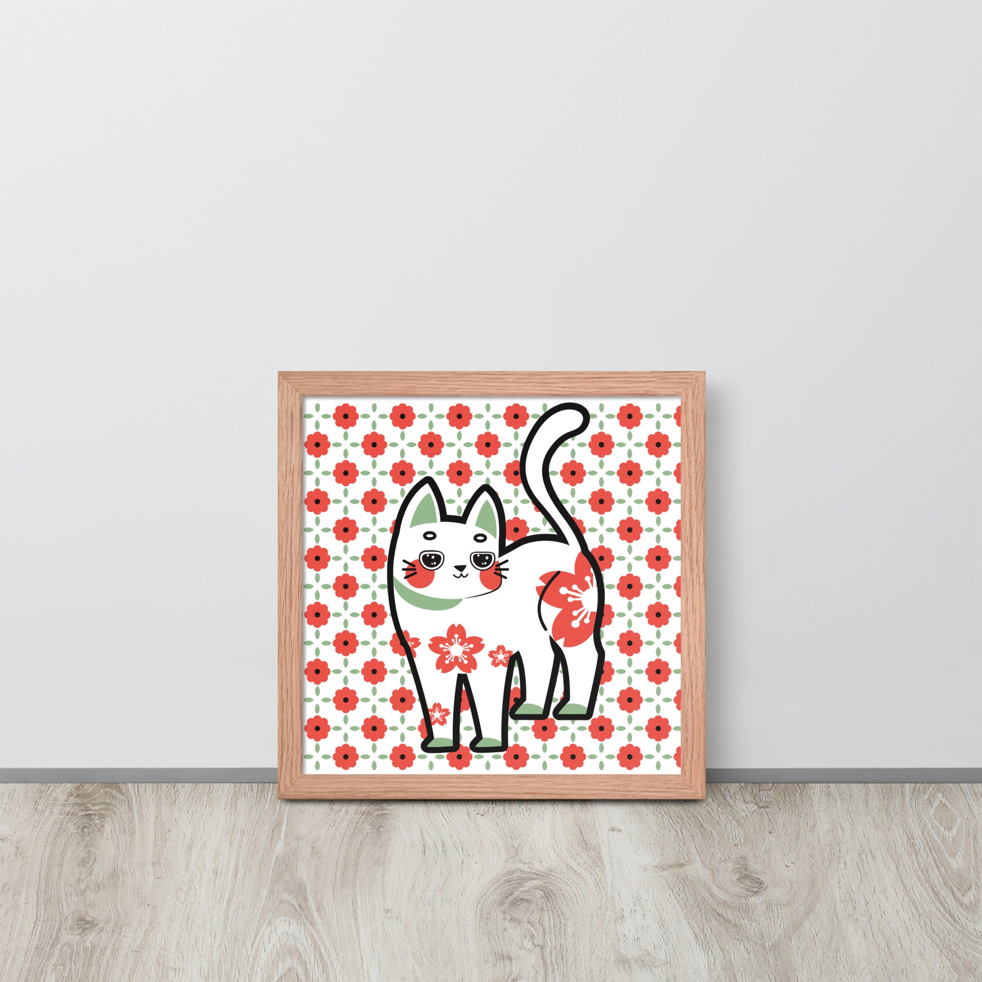 Red Green Cat with Flower Pattern | 可再生木製框架啞光海報 Framed Matte Poster