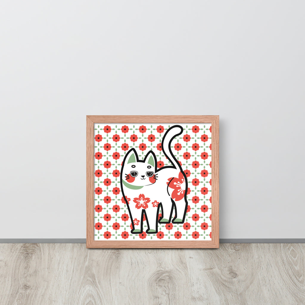 Red Green Cat with Flower Pattern | 可再生木製框架啞光海報 Framed Matte Poster