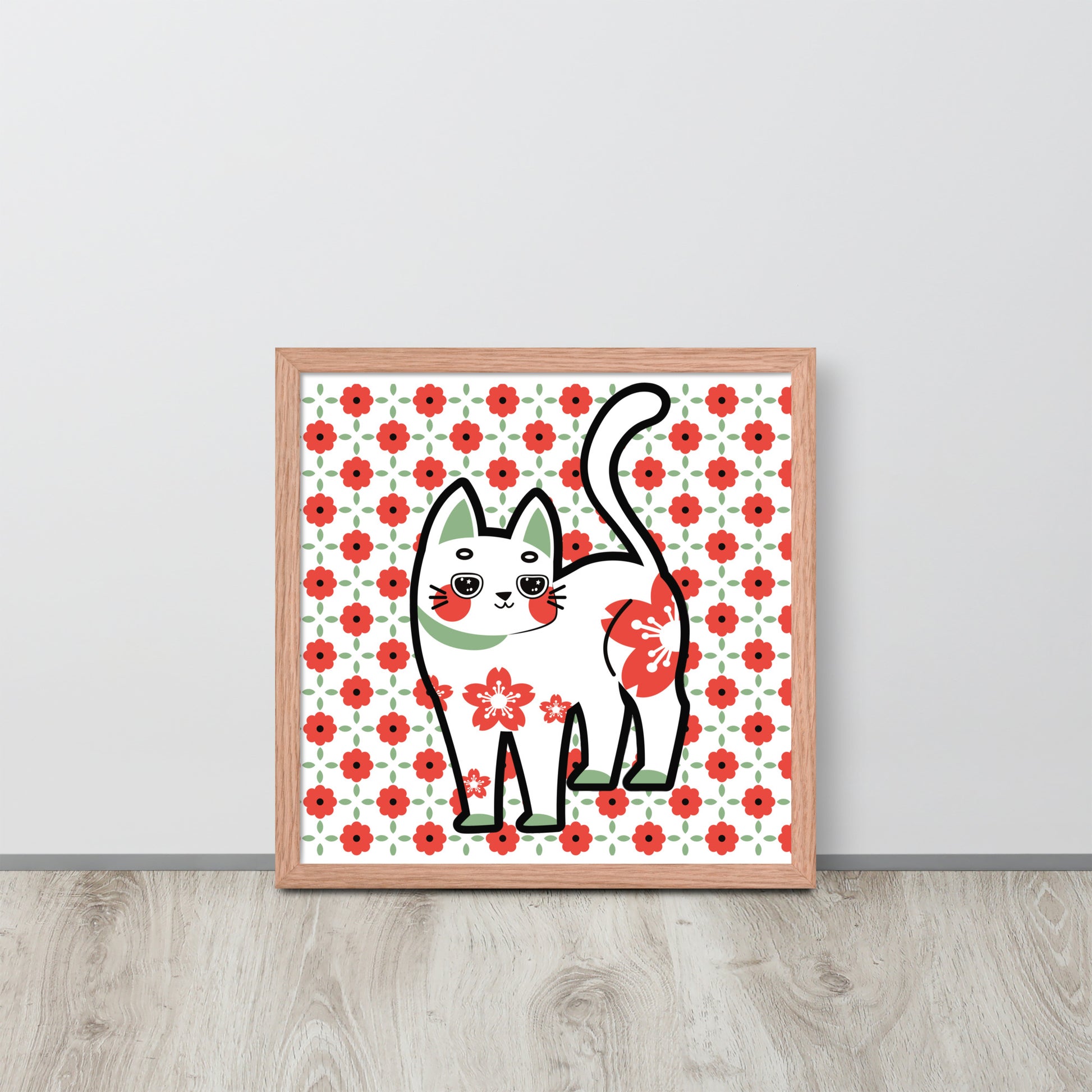 Red Green Cat with Flower Pattern | 可再生木製框架啞光海報 Framed Matte Poster