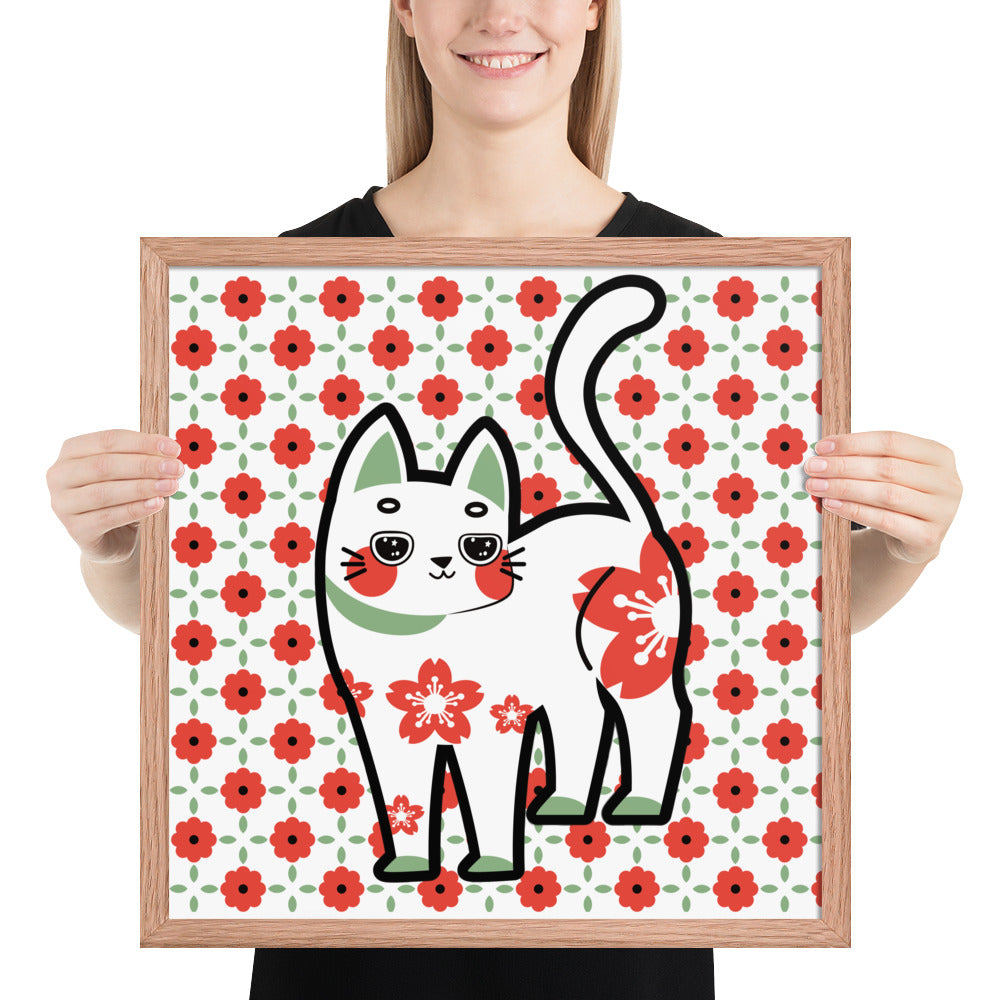 Red Green Cat with Flower Pattern | 可再生木製框架啞光海報 Framed Matte Poster