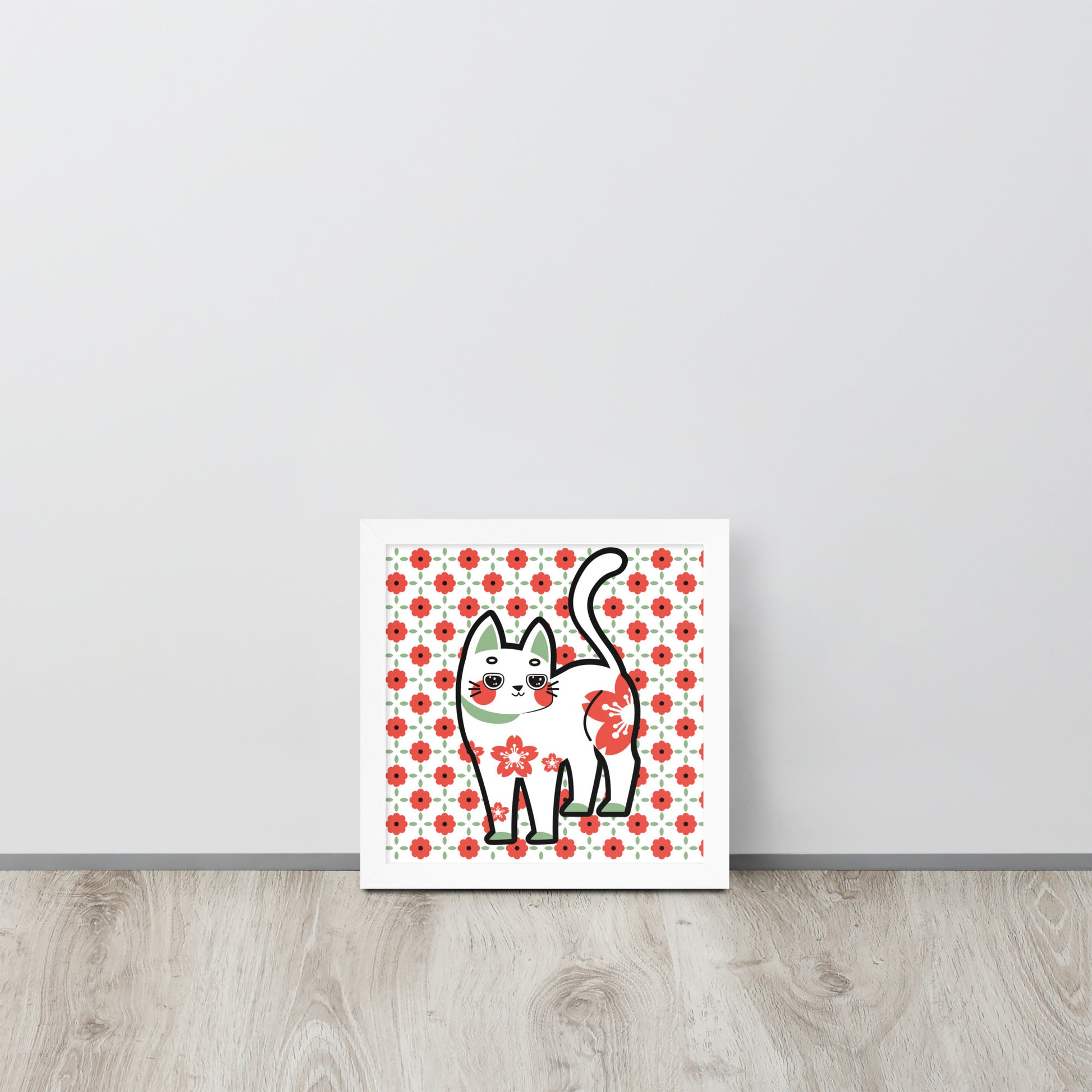 Red Green Cat with Flower Pattern | 可再生木製框架啞光海報 Framed Matte Poster