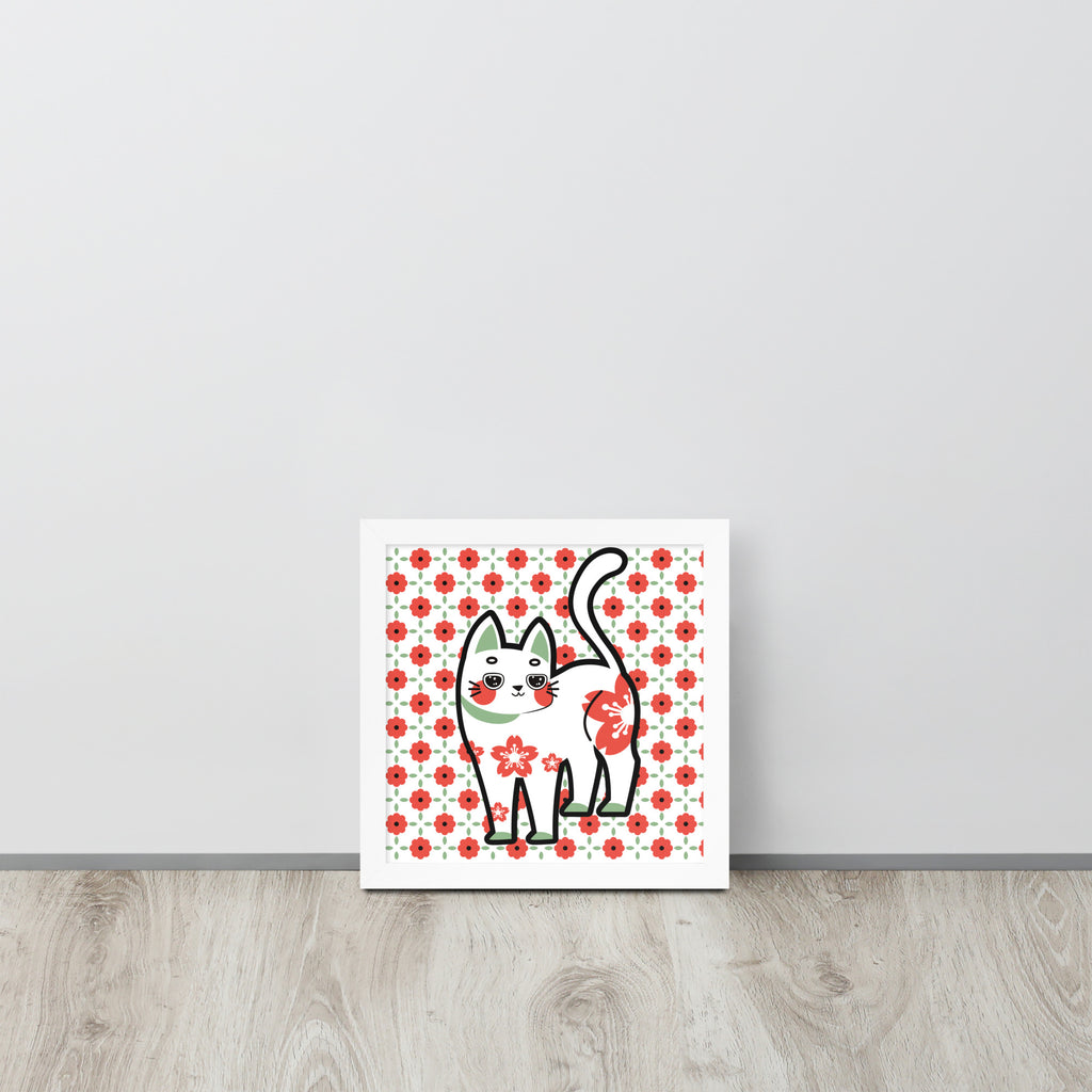 Red Green Cat with Flower Pattern | 可再生木製框架啞光海報 Framed Matte Poster