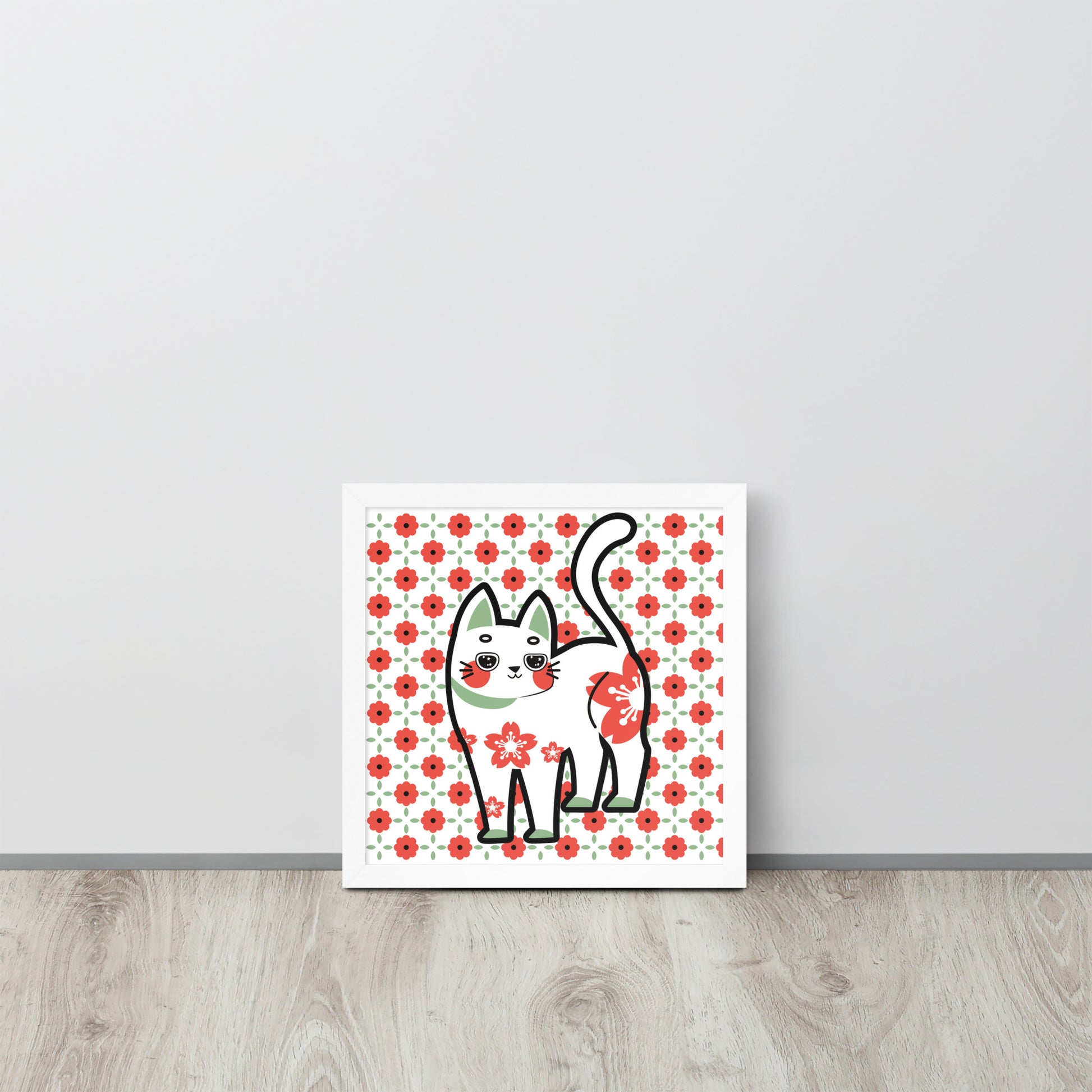 Red Green Cat with Flower Pattern | 可再生木製框架啞光海報 Framed Matte Poster
