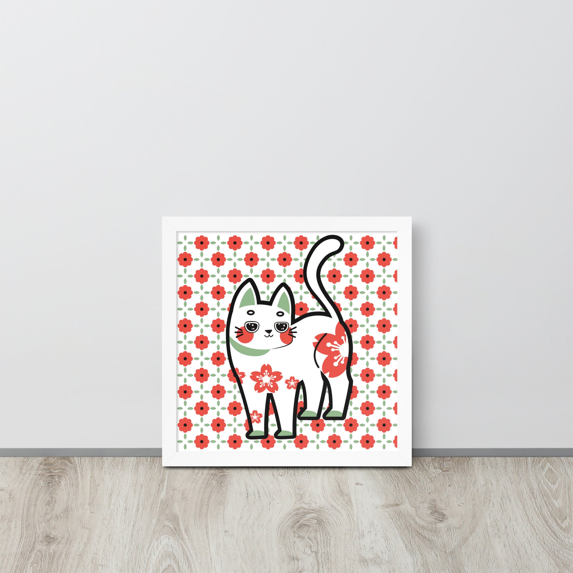 Red Green Cat with Flower Pattern | 可再生木製框架啞光海報 Framed Matte Poster