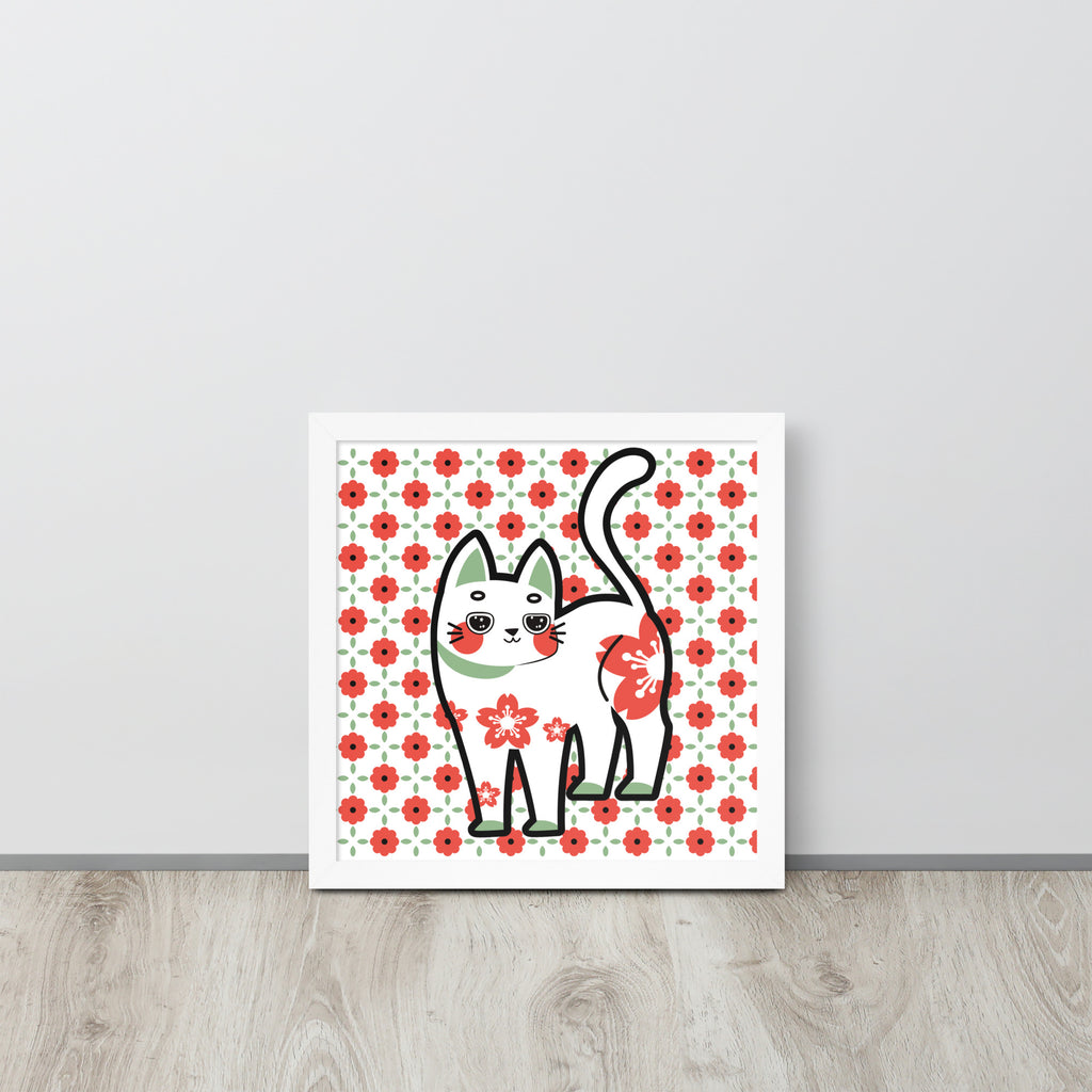 Red Green Cat with Flower Pattern | 可再生木製框架啞光海報 Framed Matte Poster
