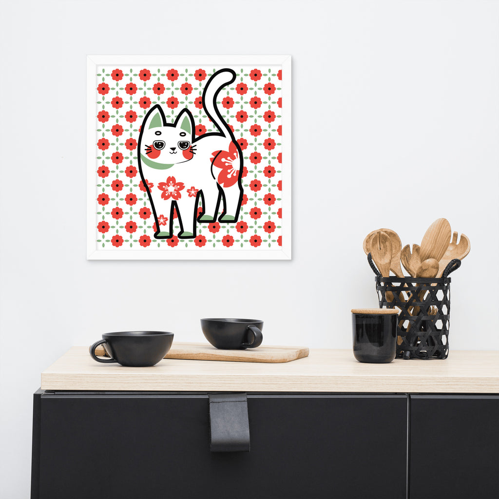 Red Green Cat with Flower Pattern | 可再生木製框架啞光海報 Framed Matte Poster