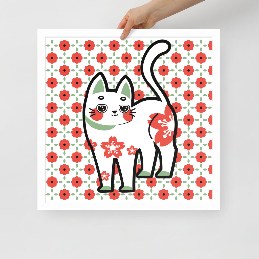 Red Green Cat with Flower Pattern | 可再生木製框架啞光海報 Framed Matte Poster
